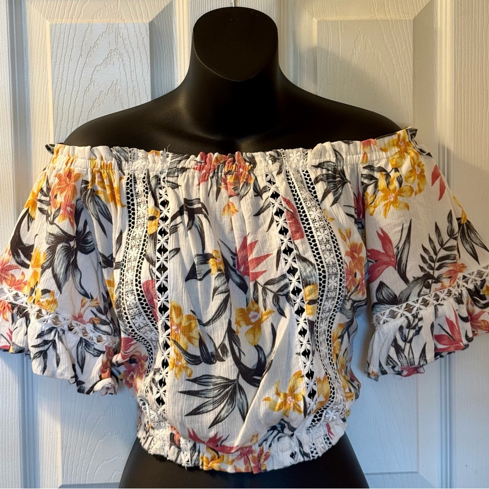 H&M White and Yellow Floral Off Shoulder Crop Blouse